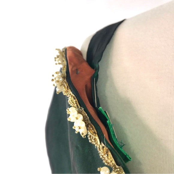 Vintage Hand Made Royal Green Taffeta Beaded Mini Dress with Caplet - Picture 8 of 16